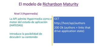 El modelo de Richardson Maturity
GET
http://host/api/authors
200 Ok (authors + links that
drive application state)
La API admite Hypermedia como el
motor del estado de aplicación
(HATEOAS)
Introduce la posibilidad de
descubrir su contenido
Nivel 3 (Hypermedia)
 