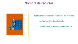 Nombre de recursos
Representar jerarquía al nombrar los recursos
• api/authors/{authorId}/books
• api/authors/{authorId}/books/{bookId}
 