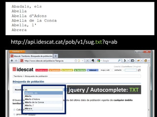 http://api.idescat.cat/pob/v1/sug.txt?q=ab<br />jquery / Autocomplete: TXT<br />