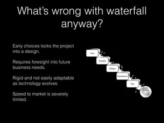 What’s wrong with waterfall
anyway?
Early choices locks the project
into a design.
Requires foresight into future
business needs.
Rigid and not easily adaptable
as technology evolves.
Speed to market is severely
limited.
 