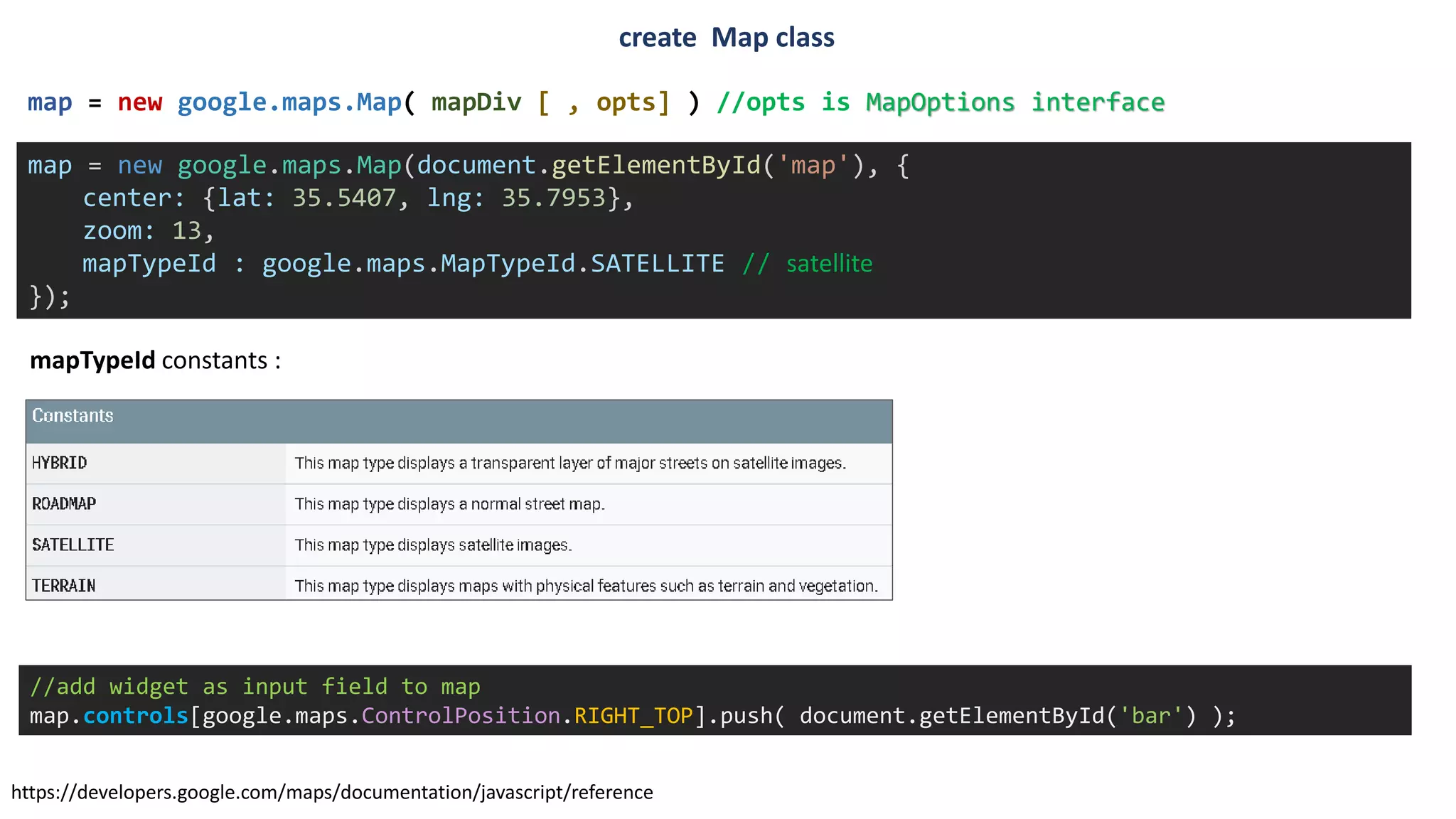 create Map class
map = new google.maps.Map(document.getElementById('map'), {
center: {lat: 35.5407, lng: 35.7953},
zoom: 13,
mapTypeId : google.maps.MapTypeId.SATELLITE // satellite
});
map = new google.maps.Map( mapDiv [ , opts] ) //opts is MapOptions interface
https://developers.google.com/maps/documentation/javascript/reference
mapTypeId constants :
//add widget as input field to map
map.controls[google.maps.ControlPosition.RIGHT_TOP].push( document.getElementById('bar') );
 