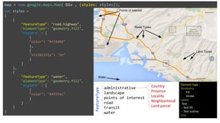 var styles =
[
{
"featureType": "road.highway",
"elementType": "geometry.fill",
"stylers" : [
{
"color": "#f74d44"
},
{
"visibility": "on"
}
]
},
{
"featureType": "water",
"elementType": "geometry.fill",
"stylers" : [
{
"color": "#4f5fec"
}
]
}
]
map = new google.maps.Map( Div , {styles: styles});
featureType
administrative
landscape
points of interest
road
transit
water
Country
Province
Locality
Neighborhood
Land parcel
Element type :
Geometry
- Fill
- Stroke
Labels
-Text
-- Text fill
-- Text outline
Icon
 