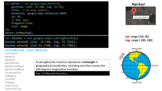 Lat range [-90, 90]
Lng range [-180, 180]
var marker = new google.maps.Marker({
position: {lat: 35.540, lng: 35.79},
title: 'i am anas alpure',
animation: google.maps.Animation.DROP,
id: 10 ,
// map: map,
draggable:true,
icon: image
});
marker.setMap(map);
var bounds = new google.maps.LatLngBounds();
bounds.extend( {lat: 35.540, lng: 35.792});
bounds.extend( {lat:35.5540, lng: 35.790});
LatLngBounds class Methods:
contains
equals
extend
getCenter
getNorthEast
getSouthWest
intersects
isEmpty
toJSON
toSpan
toString
toUrlValue
A LatLngBounds instance represents a rectangle in
geographical coordinates, including one that crosses the
180 degrees longitudinal meridian.
Marker
map.fitBounds(bounds);
 