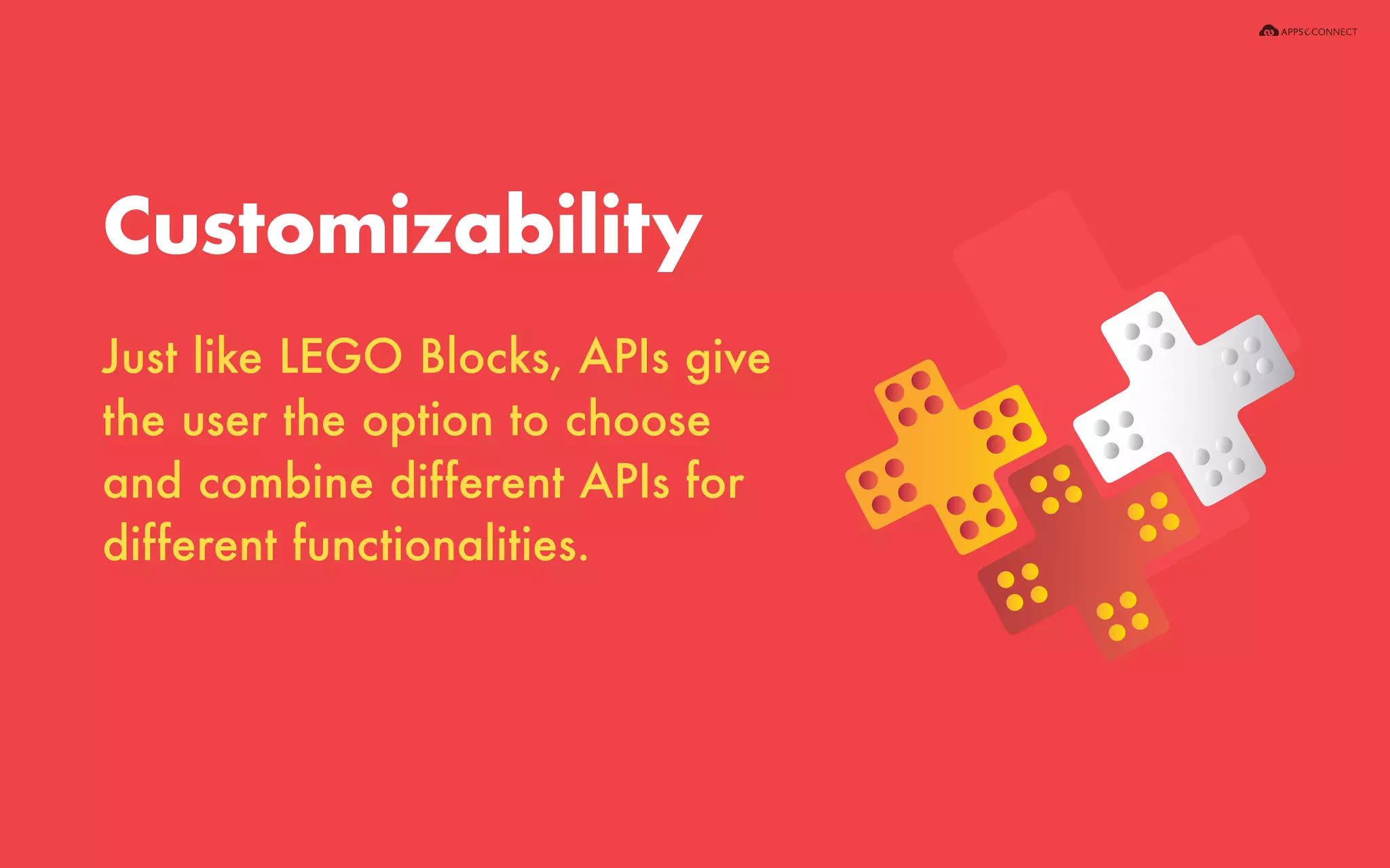 Just like LEGO Blocks, APIs give
the user the option to choose
and combine different APIs for
different functionalities.
Customizability