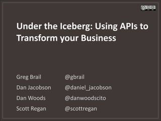 Under the Iceberg: Using APIs to
Transform your Business


Greg Brail     @gbrail
Dan Jacobson   @daniel_jacobson
Dan Woods      @danwoodscito
Scott Regan    @scottregan
 