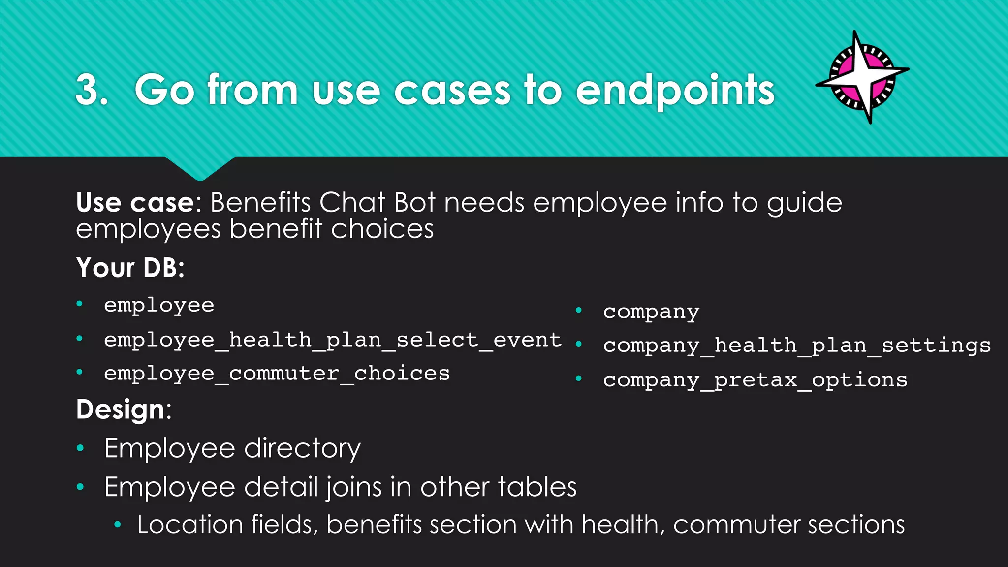 3. Go from use cases to endpoints
Use case: Benefits Chat Bot needs employee info to guide
employees benefit choices
Your DB:
• employee
• employee_health_plan_select_event
• employee_commuter_choices
Design:
• Employee directory
• Employee detail joins in other tables
• Location fields, benefits section with health, commuter sections
• company
• company_health_plan_settings
• company_pretax_options
 