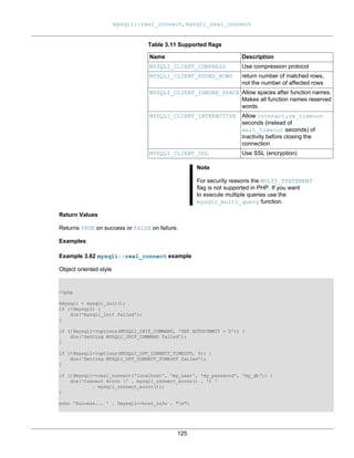 mysqli::real_connect, mysqli_real_connect
125
Table 3.11 Supported flags
Name Description
MYSQLI_CLIENT_COMPRESS Use compression protocol
MYSQLI_CLIENT_FOUND_ROWS return number of matched rows,
not the number of affected rows
MYSQLI_CLIENT_IGNORE_SPACE Allow spaces after function names.
Makes all function names reserved
words.
MYSQLI_CLIENT_INTERACTIVE Allow interactive_timeout
seconds (instead of
wait_timeout seconds) of
inactivity before closing the
connection
MYSQLI_CLIENT_SSL Use SSL (encryption)
Note
For security reasons the MULTI_STATEMENT
flag is not supported in PHP. If you want
to execute multiple queries use the
mysqli_multi_query function.
Return Values
Returns TRUE on success or FALSE on failure.
Examples
Example 3.62 mysqli::real_connect example
Object oriented style
<?php
$mysqli = mysqli_init();
if (!$mysqli) {
die('mysqli_init failed');
}
if (!$mysqli->options(MYSQLI_INIT_COMMAND, 'SET AUTOCOMMIT = 0')) {
die('Setting MYSQLI_INIT_COMMAND failed');
}
if (!$mysqli->options(MYSQLI_OPT_CONNECT_TIMEOUT, 5)) {
die('Setting MYSQLI_OPT_CONNECT_TIMEOUT failed');
}
if (!$mysqli->real_connect('localhost', 'my_user', 'my_password', 'my_db')) {
die('Connect Error (' . mysqli_connect_errno() . ') '
. mysqli_connect_error());
}
echo 'Success... ' . $mysqli->host_info . "n";
 