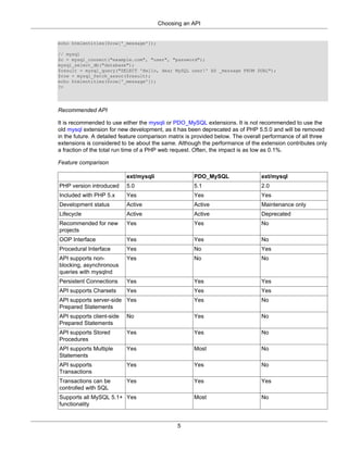 Choosing an API
5
echo htmlentities($row['_message']);
// mysql
$c = mysql_connect("example.com", "user", "password");
mysql_select_db("database");
$result = mysql_query("SELECT 'Hello, dear MySQL user!' AS _message FROM DUAL");
$row = mysql_fetch_assoc($result);
echo htmlentities($row['_message']);
?>
Recommended API
It is recommended to use either the mysqli or PDO_MySQL extensions. It is not recommended to use the
old mysql extension for new development, as it has been deprecated as of PHP 5.5.0 and will be removed
in the future. A detailed feature comparison matrix is provided below. The overall performance of all three
extensions is considered to be about the same. Although the performance of the extension contributes only
a fraction of the total run time of a PHP web request. Often, the impact is as low as 0.1%.
Feature comparison
ext/mysqli PDO_MySQL ext/mysql
PHP version introduced 5.0 5.1 2.0
Included with PHP 5.x Yes Yes Yes
Development status Active Active Maintenance only
Lifecycle Active Active Deprecated
Recommended for new
projects
Yes Yes No
OOP Interface Yes Yes No
Procedural Interface Yes No Yes
API supports non-
blocking, asynchronous
queries with mysqlnd
Yes No No
Persistent Connections Yes Yes Yes
API supports Charsets Yes Yes Yes
API supports server-side
Prepared Statements
Yes Yes No
API supports client-side
Prepared Statements
No Yes No
API supports Stored
Procedures
Yes Yes No
API supports Multiple
Statements
Yes Most No
API supports
Transactions
Yes Yes No
Transactions can be
controlled with SQL
Yes Yes Yes
Supports all MySQL 5.1+
functionality
Yes Most No
 