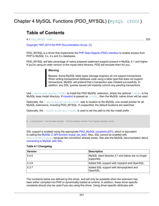 251
Chapter 4 MySQL Functions (PDO_MYSQL) (MySQL (PDO))
Table of Contents
4.1 PDO_MYSQL DSN ..................................................................................................................... 253
Copyright 1997-2014 the PHP Documentation Group. [1]
PDO_MYSQL is a driver that implements the PHP Data Objects (PDO) interface to enable access from
PHP to MySQL 3.x, 4.x and 5.x databases.
PDO_MYSQL will take advantage of native prepared statement support present in MySQL 4.1 and higher.
If you're using an older version of the mysql client libraries, PDO will emulate them for you.
Warning
Beware: Some MySQL table types (storage engines) do not support transactions.
When writing transactional database code using a table type that does not support
transactions, MySQL will pretend that a transaction was initiated successfully. In
addition, any DDL queries issued will implicitly commit any pending transactions.
Use --with-pdo-mysql[=DIR] to install the PDO MySQL extension, where the optional [=DIR] is the
MySQL base install directory. If mysqlnd is passed as [=DIR], then the MySQL native driver will be used.
Optionally, the --with-mysql-sock[=DIR] sets to location to the MySQL unix socket pointer for all
MySQL extensions, including PDO_MYSQL. If unspecified, the default locations are searched.
Optionally, the --with-zlib-dir[=DIR] is used to set the path to the libz install prefix.
$ ./configure --with-pdo-mysql --with-mysql-sock=/var/mysql/mysql.sock
SSL support is enabled using the appropriate PDO_MySQL constants [251], which is equivalent
to calling the MySQL C API function mysql_ssl_set(). Also, SSL cannot be enabled with
PDO::setAttribute because the connection already exists. See also the MySQL documentation about
connecting to MySQL with SSL.
Table 4.1 Changelog
Version Description
5.4.0 MySQL client libraries 4.1 and below are no longer
supported.
5.3.9 Added SSL support with mysqlnd and OpenSSL.
5.3.7 Added SSL support with libmysqlclient and
OpenSSL.
The constants below are defined by this driver, and will only be available when the extension has
been either compiled into PHP or dynamically loaded at runtime. In addition, these driver-specific
constants should only be used if you are using this driver. Using driver-specific attributes with
 
