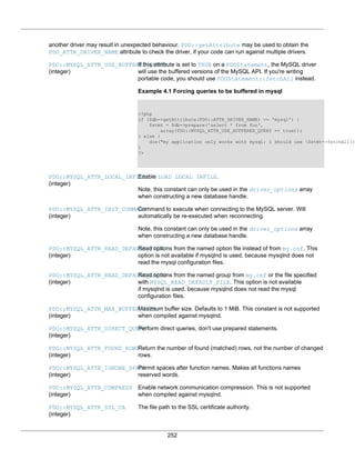 252
another driver may result in unexpected behaviour. PDO::getAttribute may be used to obtain the
PDO_ATTR_DRIVER_NAME attribute to check the driver, if your code can run against multiple drivers.
PDO::MYSQL_ATTR_USE_BUFFERED_QUERY
(integer)
If this attribute is set to TRUE on a PDOStatement, the MySQL driver
will use the buffered versions of the MySQL API. If you're writing
portable code, you should use PDOStatement::fetchAll instead.
Example 4.1 Forcing queries to be buffered in mysql
<?php
if ($db->getAttribute(PDO::ATTR_DRIVER_NAME) == 'mysql') {
$stmt = $db->prepare('select * from foo',
array(PDO::MYSQL_ATTR_USE_BUFFERED_QUERY => true));
} else {
die("my application only works with mysql; I should use $stmt->fetchAll()
}
?>
PDO::MYSQL_ATTR_LOCAL_INFILE
(integer)
Enable LOAD LOCAL INFILE.
Note, this constant can only be used in the driver_options array
when constructing a new database handle.
PDO::MYSQL_ATTR_INIT_COMMAND
(integer)
Command to execute when connecting to the MySQL server. Will
automatically be re-executed when reconnecting.
Note, this constant can only be used in the driver_options array
when constructing a new database handle.
PDO::MYSQL_ATTR_READ_DEFAULT_FILE
(integer)
Read options from the named option file instead of from my.cnf. This
option is not available if mysqlnd is used, because mysqlnd does not
read the mysql configuration files.
PDO::MYSQL_ATTR_READ_DEFAULT_GROUP
(integer)
Read options from the named group from my.cnf or the file specified
with MYSQL_READ_DEFAULT_FILE. This option is not available
if mysqlnd is used, because mysqlnd does not read the mysql
configuration files.
PDO::MYSQL_ATTR_MAX_BUFFER_SIZE
(integer)
Maximum buffer size. Defaults to 1 MiB. This constant is not supported
when compiled against mysqlnd.
PDO::MYSQL_ATTR_DIRECT_QUERY
(integer)
Perform direct queries, don't use prepared statements.
PDO::MYSQL_ATTR_FOUND_ROWS
(integer)
Return the number of found (matched) rows, not the number of changed
rows.
PDO::MYSQL_ATTR_IGNORE_SPACE
(integer)
Permit spaces after function names. Makes all functions names
reserved words.
PDO::MYSQL_ATTR_COMPRESS
(integer)
Enable network communication compression. This is not supported
when compiled against mysqlnd.
PDO::MYSQL_ATTR_SSL_CA
(integer)
The file path to the SSL certificate authority.
 