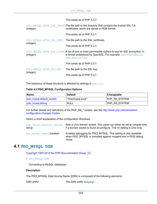 PDO_MYSQL DSN
253
This exists as of PHP 5.3.7.
PDO::MYSQL_ATTR_SSL_CAPATH
(integer)
The file path to the directory that contains the trusted SSL CA
certificates, which are stored in PEM format.
This exists as of PHP 5.3.7.
PDO::MYSQL_ATTR_SSL_CERT
(integer)
The file path to the SSL certificate.
This exists as of PHP 5.3.7.
PDO::MYSQL_ATTR_SSL_CIPHER
(integer)
A list of one or more permissible ciphers to use for SSL encryption, in
a format understood by OpenSSL. For example: DHE-RSA-AES256-
SHA:AES128-SHA
This exists as of PHP 5.3.7.
PDO::MYSQL_ATTR_SSL_KEY
(integer)
The file path to the SSL key.
This exists as of PHP 5.3.7.
The behaviour of these functions is affected by settings in php.ini.
Table 4.2 PDO_MYSQL Configuration Options
Name Default Changeable
pdo_mysql.default_socket "/tmp/mysql.sock" PHP_INI_SYSTEM
pdo_mysql.debug NULL PHP_INI_SYSTEM
For further details and definitions of the PHP_INI_* modes, see the http://www.php.net/manual/en/
configuration.changes.modes.
Here's a short explanation of the configuration directives.
pdo_mysql.default_socket
string
Sets a Unix domain socket. This value can either be set at compile time
if a domain socket is found at configure. This ini setting is Unix only.
pdo_mysql.debug boolean Enables debugging for PDO_MYSQL. This setting is only available
when PDO_MYSQL is compiled against mysqlnd and in PDO debug
mode.
4.1 PDO_MYSQL DSN
Copyright 1997-2014 the PHP Documentation Group. [1]
• PDO_MYSQL DSN
Connecting to MySQL databases
Description
The PDO_MYSQL Data Source Name (DSN) is composed of the following elements:
DSN prefix The DSN prefix is mysql:.
 