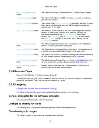 Resource Types
261
mysql.max_persistent
integer
The maximum number of persistent MySQL connections per process.
mysql.max_links integer The maximum number of MySQL connections per process, including
persistent connections.
mysql.trace_mode boolean Trace mode. When mysql.trace_mode is enabled, warnings for table/
index scans, non free result sets, and SQL-Errors will be displayed.
(Introduced in PHP 4.3.0)
mysql.default_port string The default TCP port number to use when connecting to the database
server if no other port is specified. If no default is specified, the
port will be obtained from the MYSQL_TCP_PORT environment
variable, the mysql-tcp entry in /etc/services or the compile-
time MYSQL_PORT constant, in that order. Win32 will only use the
MYSQL_PORT constant.
mysql.default_socket
string
The default socket name to use when connecting to a local database
server if no other socket name is specified.
mysql.default_host string The default server host to use when connecting to the database server
if no other host is specified. Doesn't apply in SQL safe mode.
mysql.default_user string The default user name to use when connecting to the database server if
no other name is specified. Doesn't apply in SQL safe mode.
mysql.default_password
string
The default password to use when connecting to the database server if
no other password is specified. Doesn't apply in SQL safe mode.
mysql.connect_timeout
integer
Connect timeout in seconds. On Linux this timeout is also used for
waiting for the first answer from the server.
5.1.4 Resource Types
Copyright 1997-2014 the PHP Documentation Group. [1]
There are two resource types used in the MySQL module. The first one is the link identifier for a database
connection, the second a resource which holds the result of a query.
5.2 Changelog
Copyright 1997-2014 the PHP Documentation Group. [1]
The following changes have been made to classes/functions/methods of this extension.
General Changelog for the ext/mysql extension
This changelog references the ext/mysql extension.
Changes to existing functions
The following list is a compilation of changelog entries from the ext/mysql functions.
Global ext/mysql changes
The following is a list of changes to the entire ext/mysql extension.
 
