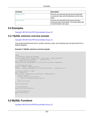 Examples
263
Constant Description
MYSQL_BOTH Columns are returned into the array having both
a numerical index and the fieldname as the array
index.
MYSQL_NUM Columns are returned into the array having a
numerical index to the fields. This index starts with
0, the first field in the result.
5.4 Examples
Copyright 1997-2014 the PHP Documentation Group. [1]
5.4.1 MySQL extension overview example
Copyright 1997-2014 the PHP Documentation Group. [1]
This simple example shows how to connect, execute a query, print resulting rows and disconnect from a
MySQL database.
Example 5.1 MySQL extension overview example
<?php
// Connecting, selecting database
$link = mysql_connect('mysql_host', 'mysql_user', 'mysql_password')
or die('Could not connect: ' . mysql_error());
echo 'Connected successfully';
mysql_select_db('my_database') or die('Could not select database');
// Performing SQL query
$query = 'SELECT * FROM my_table';
$result = mysql_query($query) or die('Query failed: ' . mysql_error());
// Printing results in HTML
echo "<table>n";
while ($line = mysql_fetch_array($result, MYSQL_ASSOC)) {
echo "t<tr>n";
foreach ($line as $col_value) {
echo "tt<td>$col_value</td>n";
}
echo "t</tr>n";
}
echo "</table>n";
// Free resultset
mysql_free_result($result);
// Closing connection
mysql_close($link);
?>
5.5 MySQL Functions
Copyright 1997-2014 the PHP Documentation Group. [1]
 