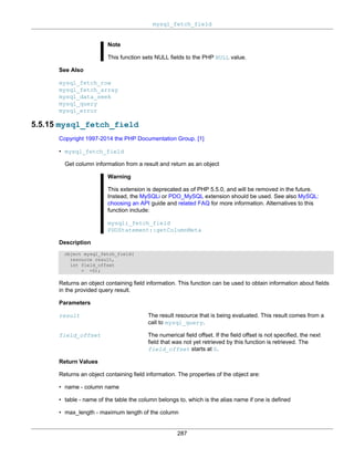 mysql_fetch_field
287
Note
This function sets NULL fields to the PHP NULL value.
See Also
mysql_fetch_row
mysql_fetch_array
mysql_data_seek
mysql_query
mysql_error
5.5.15 mysql_fetch_field
Copyright 1997-2014 the PHP Documentation Group. [1]
• mysql_fetch_field
Get column information from a result and return as an object
Warning
This extension is deprecated as of PHP 5.5.0, and will be removed in the future.
Instead, the MySQLi or PDO_MySQL extension should be used. See also MySQL:
choosing an API guide and related FAQ for more information. Alternatives to this
function include:
mysqli_fetch_field
PDOStatement::getColumnMeta
Description
object mysql_fetch_field(
resource result,
int field_offset
= =0);
Returns an object containing field information. This function can be used to obtain information about fields
in the provided query result.
Parameters
result The result resource that is being evaluated. This result comes from a
call to mysql_query.
field_offset The numerical field offset. If the field offset is not specified, the next
field that was not yet retrieved by this function is retrieved. The
field_offset starts at 0.
Return Values
Returns an object containing field information. The properties of the object are:
• name - column name
• table - name of the table the column belongs to, which is the alias name if one is defined
• max_length - maximum length of the column
 