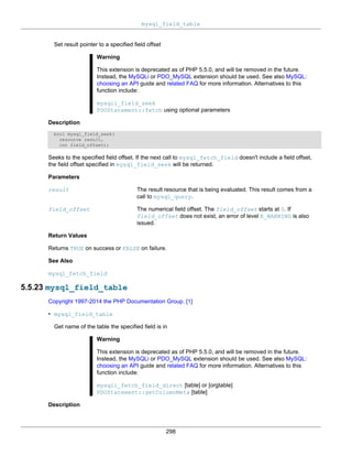 mysql_field_table
298
Set result pointer to a specified field offset
Warning
This extension is deprecated as of PHP 5.5.0, and will be removed in the future.
Instead, the MySQLi or PDO_MySQL extension should be used. See also MySQL:
choosing an API guide and related FAQ for more information. Alternatives to this
function include:
mysqli_field_seek
PDOStatement::fetch using optional parameters
Description
bool mysql_field_seek(
resource result,
int field_offset);
Seeks to the specified field offset. If the next call to mysql_fetch_field doesn't include a field offset,
the field offset specified in mysql_field_seek will be returned.
Parameters
result The result resource that is being evaluated. This result comes from a
call to mysql_query.
field_offset The numerical field offset. The field_offset starts at 0. If
field_offset does not exist, an error of level E_WARNING is also
issued.
Return Values
Returns TRUE on success or FALSE on failure.
See Also
mysql_fetch_field
5.5.23 mysql_field_table
Copyright 1997-2014 the PHP Documentation Group. [1]
• mysql_field_table
Get name of the table the specified field is in
Warning
This extension is deprecated as of PHP 5.5.0, and will be removed in the future.
Instead, the MySQLi or PDO_MySQL extension should be used. See also MySQL:
choosing an API guide and related FAQ for more information. Alternatives to this
function include:
mysqli_fetch_field_direct [table] or [orgtable]
PDOStatement::getColumnMeta [table]
Description
 