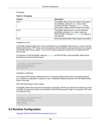 Runtime Configuration
337
Changelog
Table 6.1 Changelog
Version Description
5.3.0 The MySQL Native Driver was added, with support
for all MySQL extensions (i.e., mysql, mysqli
and PDO_MYSQL). Passing in mysqlnd to the
appropriate configure switch enables this support.
5.4.0 The MySQL Native Driver is now the default for
all MySQL extensions (i.e., mysql, mysqli and
PDO_MYSQL). Passing in mysqlnd to configure is
now optional.
5.5.0 SHA-256 Authentication Plugin support was added
Installation on Unix
The MySQL database extensions must be configured to use the MySQL Client Library. In order to use the
MySQL Native Driver, PHP needs to be built specifying that the MySQL database extensions are compiled
with MySQL Native Driver support. This is done through configuration options prior to building the PHP
source code.
For example, to build the MySQL extension, mysqli and PDO MYSQL using the MySQL Native Driver,
the following command would be given:
./configure --with-mysql=mysqlnd 
--with-mysqli=mysqlnd 
--with-pdo-mysql=mysqlnd 
[other options]
Installation on Windows
In the official PHP Windows distributions from 5.3 onwards, MySQL Native Driver is enabled by default,
so no additional configuration is required to use it. All MySQL database extensions will use MySQL Native
Driver in this case.
SHA-256 Authentication Plugin support
The MySQL Native Driver requires the OpenSSL functionality of PHP to be loaded and enabled to connect
to MySQL through accounts that use the MySQL SHA-256 Authentication Plugin. For example, PHP could
be configured using:
./configure --with-mysql=mysqlnd 
--with-mysqli=mysqlnd 
--with-pdo-mysql=mysqlnd 
--with-openssl
[other options]
6.3 Runtime Configuration
Copyright 1997-2014 the PHP Documentation Group. [1]
 