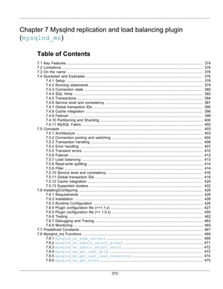 373
Chapter 7 Mysqlnd replication and load balancing plugin
(mysqlnd_ms)
Table of Contents
7.1 Key Features ............................................................................................................................ 374
7.2 Limitations ................................................................................................................................ 376
7.3 On the name ............................................................................................................................ 376
7.4 Quickstart and Examples .......................................................................................................... 376
7.4.1 Setup ............................................................................................................................. 376
7.4.2 Running statements ....................................................................................................... 379
7.4.3 Connection state ............................................................................................................ 380
7.4.4 SQL Hints ...................................................................................................................... 382
7.4.5 Transactions .................................................................................................................. 384
7.4.6 Service level and consistency ......................................................................................... 387
7.4.7 Global transaction IDs .................................................................................................... 390
7.4.8 Cache integration ........................................................................................................... 396
7.4.9 Failover ......................................................................................................................... 399
7.4.10 Partitioning and Sharding .............................................................................................. 400
7.4.11 MySQL Fabric .............................................................................................................. 402
7.5 Concepts .................................................................................................................................. 403
7.5.1 Architecture .................................................................................................................... 403
7.5.2 Connection pooling and switching ................................................................................... 404
7.5.3 Transaction handling ...................................................................................................... 406
7.5.4 Error handling ................................................................................................................ 407
7.5.5 Transient errors .............................................................................................................. 410
7.5.6 Failover ......................................................................................................................... 412
7.5.7 Load balancing .............................................................................................................. 413
7.5.8 Read-write splitting ......................................................................................................... 414
7.5.9 Filter .............................................................................................................................. 414
7.5.10 Service level and consistency ....................................................................................... 416
7.5.11 Global transaction IDs .................................................................................................. 418
7.5.12 Cache integration ......................................................................................................... 420
7.5.13 Supported clusters ....................................................................................................... 422
7.6 Installing/Configuring ................................................................................................................. 426
7.6.1 Requirements ................................................................................................................. 426
7.6.2 Installation ..................................................................................................................... 426
7.6.3 Runtime Configuration .................................................................................................... 426
7.6.4 Plugin configuration file (>=1.1.x) .................................................................................... 427
7.6.5 Plugin configuration file (<= 1.0.x) ................................................................................... 459
7.6.6 Testing .......................................................................................................................... 462
7.6.7 Debugging and Tracing .................................................................................................. 463
7.6.8 Monitoring ...................................................................................................................... 465
7.7 Predefined Constants ................................................................................................................ 467
7.8 Mysqlnd_ms Functions .............................................................................................................. 469
7.8.1 mysqlnd_ms_dump_servers ....................................................................................... 469
7.8.2 mysqlnd_ms_fabric_select_global ........................................................................ 471
7.8.3 mysqlnd_ms_fabric_select_shard .......................................................................... 472
7.8.4 mysqlnd_ms_get_last_gtid ..................................................................................... 472
7.8.5 mysqlnd_ms_get_last_used_connection ................................................................ 474
7.8.6 mysqlnd_ms_get_stats ............................................................................................. 475
 