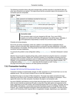 Transaction handling
406
The following connection library calls each changed state, and their execution is recorded for later use
when lazy connections are opened. This helps ensure that the connection state of all connections in the
connection pool are comparable.
Library
call
Notes Version
change_user()User, password and database recorded for future use. Since 1.1.0.
select_dbDatabase recorded for future use. Since 1.1.0.
set_charset()Calls set_client_option(MYSQL_SET_CHARSET_NAME, charset)
on lazy connection to ensure charset will be used upon opening the
lazy connection.
Since 1.1.0.
set_autocommit()Adds SET AUTOCOMMIT=0|1 to the list of init commands of a lazy
connection using set_client_option(MYSQL_INIT_COMMAND,
"SET AUTOCOMMIT=...%quot;).
Since 1.1.0. PHP
>= 5.4.0.
Connection state
The connection state is not only changed by API calls. Thus, even if PECL
mysqlnd_ms monitors all API calls, the application must still be aware. Ultimately, it
is the applications responsibility to maintain the connection state, if needed.
Charsets and string escaping
Due to the use of lazy connections, which are a default, it can happen that an application tries to
escape a string for use within SQL statements before a connection has been established. In this case
string escaping is not possible. The string escape function does not know what charset to use before a
connection has been established.
To overcome the problem a new configuration setting server_charset has been introduced in version
1.4.0.
Attention has to be paid on escaping strings with a certain charset but using the result on a connection
that uses a different charset. Please note, that PECL/mysqlnd_ms manipulates connections and one
application level connection represents a pool of multiple connections that all may have different default
charsets. It is recommended to configure the servers involved to use the same default charsets. The
configuration setting server_charset does help with this situation as well. If using server_charset,
the plugin will set the given charset on all newly opened connections.
7.5.3 Transaction handling
Copyright 1997-2014 the PHP Documentation Group. [1]
Transaction handling is fundamentally changed. An SQL transaction is a unit of work that is run on one
database server. The unit of work consists of one or more SQL statements.
By default the plugin is not aware of SQL transactions. The plugin may switch connections for load
balancing at any point in time. Connection switches may happen in the middle of a transaction. This is
against the nature of an SQL transaction. By default, the plugin is not transaction safe.
Any kind of MySQL load balancer must be hinted about the begin and end of a transaction. Hinting can
either be done implicitly by monitoring API calls or using SQL hints. Both options are supported by the
plugin, depending on your PHP version. API monitoring requires PHP 5.4.0 or newer. The plugin, like any
other MySQL load balancer, cannot detect transaction boundaries based on the MySQL Client Server
Protocol. Thus, entirely transparent transaction aware load balancing is not possible. The least intrusive
option is API monitoring, which requires little to no application changes, depending on your application.
 