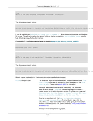 Plugin configuration file (>=1.1.x)
433
<?php
$mysqli = new mysqli("myapp", "username", "password", "database");
?>
The above example will output:
Warning: mysqli::mysqli(): (mysqlnd_ms) (mysqlnd_ms) Failed to parse config file [s1.json]. Please, verify
It can be useful to set mysqlnd_ms.force_config_usage = 1 when debugging potential configuration
file errors. This will not only turn the type of buffered startup errors into E_RECOVERABLE_ERROR but also
help detecting misspelled section names.
Example 7.63 Possibly more precise error due to mysqlnd_ms.force_config_usage=1
mysqlnd_ms.force_config_usage=1
<?php
$mysqli = new mysqli("invalid_section", "username", "password", "database");
?>
The above example will output:
Warning: mysqli::mysqli(): (mysqlnd_ms) Exclusive usage of configuration enforced but did not find the corr
Here is a short explanation of the configuration directives that can be used.
master array or object List of MySQL replication master servers. The list of either of the JSON
type array to declare an anonymous list of servers or of the JSON
type object. Please, see above [430] for examples.
Setting at least one master server is mandatory. The plugin will
issue an error of type E_ERROR if the user has failed to provide a
master server list for a configuration section. The fatal error may read
(mysqlnd_ms) Section [master] doesn't exist for host
[name_of_a_config_section] in %s on line %d.
A server is described with the host, port, socket, db, user,
password and connect_flags. It is mandatory to provide at a
value for host. If any of the other values is not given, it will be taken
from the user API connect call, please, see also: using section names
example [429].
Table of server configuration keywords.
 