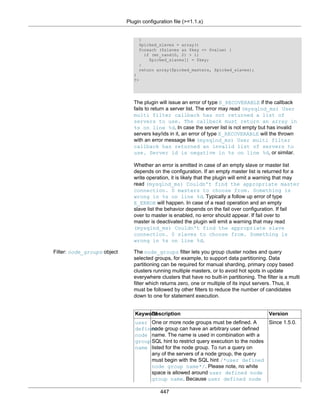 Plugin configuration file (>=1.1.x)
447
}
$picked_slaves = array()
foreach ($slaves as $key => $value) {
if (mt_rand(0, 2) > 1)
$picked_slaves[] = $key;
}
return array($picked_masters, $picked_slaves);
}
?>
The plugin will issue an error of type E_RECOVERABLE if the callback
fails to return a server list. The error may read (mysqlnd_ms) User
multi filter callback has not returned a list of
servers to use. The callback must return an array in
%s on line %d. In case the server list is not empty but has invalid
servers key/ids in it, an error of type E_RECOVERABLE will the thrown
with an error message like (mysqlnd_ms) User multi filter
callback has returned an invalid list of servers to
use. Server id is negative in %s on line %d, or similar.
Whether an error is emitted in case of an empty slave or master list
depends on the configuration. If an empty master list is returned for a
write operation, it is likely that the plugin will emit a warning that may
read (mysqlnd_ms) Couldn't find the appropriate master
connection. 0 masters to choose from. Something is
wrong in %s on line %d. Typically a follow up error of type
E_ERROR will happen. In case of a read operation and an empty
slave list the behavior depends on the fail over configuration. If fail
over to master is enabled, no error should appear. If fail over to
master is deactivated the plugin will emit a warning that may read
(mysqlnd_ms) Couldn't find the appropriate slave
connection. 0 slaves to choose from. Something is
wrong in %s on line %d.
Filter: node_groups object The node_groups filter lets you group cluster nodes and query
selected groups, for example, to support data partitioning. Data
partitioning can be required for manual sharding, primary copy based
clusters running multiple masters, or to avoid hot spots in update
everywhere clusters that have no built-in partitioning. The filter is a multi
filter which returns zero, one or multiple of its input servers. Thus, it
must be followed by other filters to reduce the number of candidates
down to one for statement execution.
KeywordDescription Version
user
defined
node
group
name
One or more node groups must be defined. A
node group can have an arbitrary user defined
name. The name is used in combination with a
SQL hint to restrict query execution to the nodes
listed for the node group. To run a query on
any of the servers of a node group, the query
must begin with the SQL hint /*user defined
node group name*/. Please note, no white
space is allowed around user defined node
group name. Because user defined node
Since 1.5.0.
 