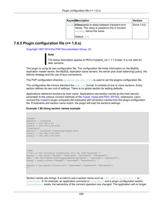 Plugin configuration file (<= 1.0.x)
459
KeywordDescription Version
usleep_retryMilliseconds to sleep between transient error
retries. The value is passed to the C function
usleep, hence the name.
Default: 100
Since 1.6.0.
7.6.5 Plugin configuration file (<= 1.0.x)
Copyright 1997-2014 the PHP Documentation Group. [1]
Note
The below description applies to PECL/mysqlnd_ms < 1.1.0-beta. It is not valid for
later versions.
The plugin is using its own configuration file. The configuration file holds information on the MySQL
replication master server, the MySQL replication slave servers, the server pick (load balancing) policy, the
failover strategy and the use of lazy connections.
The PHP configuration directive mysqlnd_ms.ini_file is used to set the plugins configuration file.
The configuration file mimics standard the php.ini format. It consists of one or more sections. Every
section defines its own unit of settings. There is no global section for setting defaults.
Applications reference sections by their name. Applications use section names as the host (server)
parameter to the various connect methods of the mysqli, mysql and PDO_MYSQL extensions. Upon
connect the mysqlnd plugin compares the hostname with all section names from the plugin configuration
file. If hostname and section name match, the plugin will load the sections settings.
Example 7.86 Using section names example
[myapp]
master[] = localhost
slave[] = 192.168.2.27
slave[] = 192.168.2.28:3306
[localhost]
master[] = localhost:/tmp/mysql/mysql.sock
slave[] = 192.168.3.24:3305
slave[] = 192.168.3.65:3309
<?php
/* All of the following connections will be load balanced */
$mysqli = new mysqli("myapp", "username", "password", "database");
$pdo = new PDO('mysql:host=myapp;dbname=database', 'username', 'password');
$mysql = mysql_connect("myapp", "username", "password");
$mysqli = new mysqli("localhost", "username", "password", "database");
?>
Section names are strings. It is valid to use a section name such as 192.168.2.1, 127.0.0.1 or
localhost. If, for example, an application connects to localhost and a plugin configuration section
[localhost] exists, the semantics of the connect operation are changed. The application will no longer
 