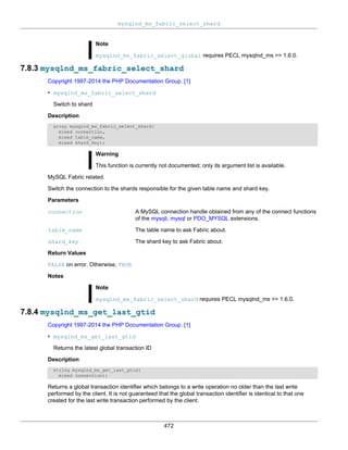 mysqlnd_ms_fabric_select_shard
472
Note
mysqlnd_ms_fabric_select_global requires PECL mysqlnd_ms >> 1.6.0.
7.8.3 mysqlnd_ms_fabric_select_shard
Copyright 1997-2014 the PHP Documentation Group. [1]
• mysqlnd_ms_fabric_select_shard
Switch to shard
Description
array mysqlnd_ms_fabric_select_shard(
mixed connection,
mixed table_name,
mixed shard_key);
Warning
This function is currently not documented; only its argument list is available.
MySQL Fabric related.
Switch the connection to the shards responsible for the given table name and shard key.
Parameters
connection A MySQL connection handle obtained from any of the connect functions
of the mysqli, mysql or PDO_MYSQL extensions.
table_name The table name to ask Fabric about.
shard_key The shard key to ask Fabric about.
Return Values
FALSE on error. Otherwise, TRUE
Notes
Note
mysqlnd_ms_fabric_select_shard requires PECL mysqlnd_ms >> 1.6.0.
7.8.4 mysqlnd_ms_get_last_gtid
Copyright 1997-2014 the PHP Documentation Group. [1]
• mysqlnd_ms_get_last_gtid
Returns the latest global transaction ID
Description
string mysqlnd_ms_get_last_gtid(
mixed connection);
Returns a global transaction identifier which belongs to a write operation no older than the last write
performed by the client. It is not guaranteed that the global transaction identifier is identical to that one
created for the last write transaction performed by the client.
 