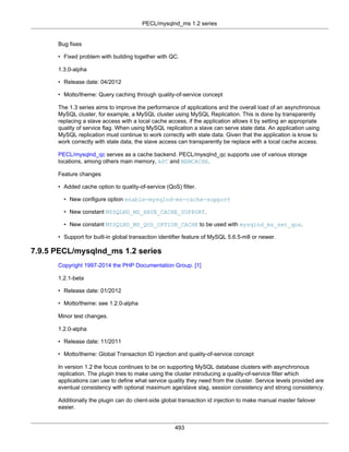 PECL/mysqlnd_ms 1.2 series
493
Bug fixes
• Fixed problem with building together with QC.
1.3.0-alpha
• Release date: 04/2012
• Motto/theme: Query caching through quality-of-service concept
The 1.3 series aims to improve the performance of applications and the overall load of an asynchronous
MySQL cluster, for example, a MySQL cluster using MySQL Replication. This is done by transparently
replacing a slave access with a local cache access, if the application allows it by setting an appropriate
quality of service flag. When using MySQL replication a slave can serve stale data. An application using
MySQL replication must continue to work correctly with stale data. Given that the application is know to
work correctly with stale data, the slave access can transparently be replace with a local cache access.
PECL/mysqlnd_qc serves as a cache backend. PECL/mysqlnd_qc supports use of various storage
locations, among others main memory, APC and MEMCACHE.
Feature changes
• Added cache option to quality-of-service (QoS) filter.
• New configure option enable-mysqlnd-ms-cache-support
• New constant MYSQLND_MS_HAVE_CACHE_SUPPORT.
• New constant MYSQLND_MS_QOS_OPTION_CACHE to be used with mysqlnd_ms_set_qos.
• Support for built-in global transaction identifier feature of MySQL 5.6.5-m8 or newer.
7.9.5 PECL/mysqlnd_ms 1.2 series
Copyright 1997-2014 the PHP Documentation Group. [1]
1.2.1-beta
• Release date: 01/2012
• Motto/theme: see 1.2.0-alpha
Minor test changes.
1.2.0-alpha
• Release date: 11/2011
• Motto/theme: Global Transaction ID injection and quality-of-service concept
In version 1.2 the focus continues to be on supporting MySQL database clusters with asynchronous
replication. The plugin tries to make using the cluster introducing a quality-of-service filter which
applications can use to define what service quality they need from the cluster. Service levels provided are
eventual consistency with optional maximum age/slave slag, session consistency and strong consistency.
Additionally the plugin can do client-side global transaction id injection to make manual master failover
easier.
 