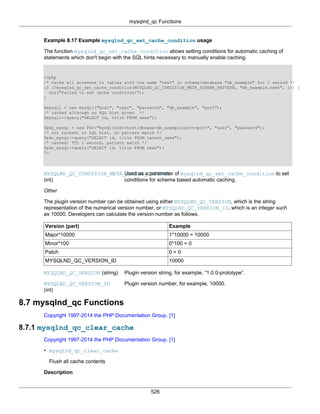 mysqlnd_qc Functions
526
Example 8.17 Example mysqlnd_qc_set_cache_condition usage
The function mysqlnd_qc_set_cache_condition allows setting conditions for automatic caching of
statements which don't begin with the SQL hints necessary to manually enable caching.
<?php
/* Cache all accesses to tables with the name "new%" in schema/database "db_example" for 1 second */
if (!mysqlnd_qc_set_cache_condition(MYSQLND_QC_CONDITION_META_SCHEMA_PATTERN, "db_example.new%", 1)) {
die("Failed to set cache condition!");
}
$mysqli = new mysqli("host", "user", "password", "db_example", "port");
/* cached although no SQL hint given */
$mysqli->query("SELECT id, title FROM news");
$pdo_mysql = new PDO("mysql:host=host;dbname=db_example;port=port", "user", "password");
/* not cached: no SQL hint, no pattern match */
$pdo_mysql->query("SELECT id, title FROM latest_news");
/* cached: TTL 1 second, pattern match */
$pdo_mysql->query("SELECT id, title FROM news");
?>
MYSQLND_QC_CONDITION_META_SCHEMA_PATTERN
(int)
Used as a parameter of mysqlnd_qc_set_cache_condition to set
conditions for schema based automatic caching.
Other
The plugin version number can be obtained using either MYSQLND_QC_VERSION, which is the string
representation of the numerical version number, or MYSQLND_QC_VERSION_ID, which is an integer such
as 10000. Developers can calculate the version number as follows.
Version (part) Example
Major*10000 1*10000 = 10000
Minor*100 0*100 = 0
Patch 0 = 0
MYSQLND_QC_VERSION_ID 10000
MYSQLND_QC_VERSION (string) Plugin version string, for example, “1.0.0-prototype”.
MYSQLND_QC_VERSION_ID
(int)
Plugin version number, for example, 10000.
8.7 mysqlnd_qc Functions
Copyright 1997-2014 the PHP Documentation Group. [1]
8.7.1 mysqlnd_qc_clear_cache
Copyright 1997-2014 the PHP Documentation Group. [1]
• mysqlnd_qc_clear_cache
Flush all cache contents
Description
 