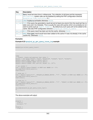 mysqlnd_qc_get_query_trace_log
543
Key Description
store_timeQuery result set store time in milliseconds. The collection of all times and the necessary
gettimeofday system calls can be disabled by setting the PHP configuration directive
mysqlnd_qc.time_statistics to 0
eligible_for_cachingTRUE if query is cacheable otherwise FALSE.
no_tableTRUE if the query has generated a result set and at least one column from the result set has no
table name set in its metadata. This is usually the case with queries which one probably do not
want to cache such as SELECT SLEEP(1). By default any such query will not be added to the
cache. See also PHP configuration directive mysqlnd_qc.cache_no_table.
was_addedTRUE if the query result has been put into the cache, otherwise FALSE.
was_already_in_cacheTRUE if the query result would have been added to the cache if it was not already in the cache
(cache hit). Otherwise FALSE.
Examples
Example 8.22 mysqlnd_qc_get_query_trace_log example
mysqlnd_qc.collect_query_trace=1
<?php
/* Connect, create and populate test table */
$mysqli = new mysqli("host", "user", "password", "schema", "port", "socket");
$mysqli->query("DROP TABLE IF EXISTS test");
$mysqli->query("CREATE TABLE test(id INT)");
$mysqli->query("INSERT INTO test(id) VALUES (1), (2)");
/* not cached */
$res = $mysqli->query("SELECT id FROM test WHERE id = 1");
var_dump($res->fetch_assoc());
$res->free();
/* cache put */
$res = $mysqli->query("/*" . MYSQLND_QC_ENABLE_SWITCH . "*/" . "SELECT id FROM test WHERE id = 2");
var_dump($res->fetch_assoc());
$res->free();
/* cache hit */
$res = $mysqli->query("/*" . MYSQLND_QC_ENABLE_SWITCH . "*/" . "SELECT id FROM test WHERE id = 2");
var_dump($res->fetch_assoc());
$res->free();
var_dump(mysqlnd_qc_get_query_trace_log());
?>
The above examples will output:
array(1) {
["id"]=>
string(1) "1"
}
array(1) {
["id"]=>
 