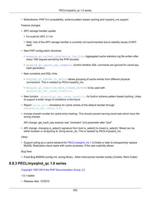 PECL/mysqlnd_qc 1.0 series
552
• Motto/theme: PHP 5.4 compatibility, schema pattern based caching and mysqlnd_ms support
Feature changes
• APC storage handler update
• Fix build for APC 3.1.9+
• Note: Use of the APC storage handler is currently not recommended due to stability issues of APC
itself.
• New PHP configuration directives
• mysqlnd_qc.collect_statistics_log_file. Aggregated cache statistics log file written after
every 10th request served by the PHP process.
• mysqlnd_qc.ignore_sql_comments. Control whether SQL comments are ignored for cache key
hash generation.
• New constants and SQL hints
• MYSQLND_QC_SERVER_ID_SWITCH allows grouping of cache entries from different physical
connections. This is needed by PECL/mysqlnd_ms.
• MYSQLND_QC_CONDITION_META_SCHEMA_PATTERN to be used with
mysqlnd_qc_set_cache_condition.
• New function mysqlnd_qc_set_cache_condition for built-in schema pattern based caching. Likely
to support a wider range of conditions in the future.
• Report valid_until timestamp for cache entries of the default handler through
mysqlnd_qc_get_cache_info.
• Include charset number for cache entry hashing. This should prevent serving result sets which have the
wrong charset.
API change: get_hash_key expects new "charsetnr" (int) parameter after "port".
• API change: changing is_select() signature from bool is_select() to mixed is_select(). Mixed can be
either boolean or array(long ttl, string server_id). This is needed by PECL/mysqlnd_ms.
Other
• Support acting as a cache backend for PECL/mysqlnd_ms 1.3.0-beta or later to transparently replace
MySQL Replication slave reads with cache accesses, if the user explicitly allows.
Bug fixes
• Fixed Bug #59959 (config.m4, wrong library - 64bit memcached handler builds) (Credits: Remi Collet)
8.8.3 PECL/mysqlnd_qc 1.0 series
Copyright 1997-2014 the PHP Documentation Group. [1]
1.0.1-stable
• Release date: 12/2010
 