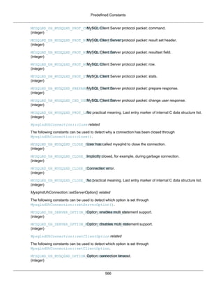 Predefined Constants
566
MYSQLND_UH_MYSQLND_PROT_CMD_PACKET
(integer)
MySQL Client Server protocol packet: command.
MYSQLND_UH_MYSQLND_PROT_RSET_HEADER_PACKET
(integer)
MySQL Client Server protocol packet: result set header.
MYSQLND_UH_MYSQLND_PROT_RSET_FLD_PACKET
(integer)
MySQL Client Server protocol packet: resultset field.
MYSQLND_UH_MYSQLND_PROT_ROW_PACKET
(integer)
MySQL Client Server protocol packet: row.
MYSQLND_UH_MYSQLND_PROT_STATS_PACKET
(integer)
MySQL Client Server protocol packet: stats.
MYSQLND_UH_MYSQLND_PREPARE_RESP_PACKET
(integer)
MySQL Client Server protocol packet: prepare response.
MYSQLND_UH_MYSQLND_CHG_USER_RESP_PACKET
(integer)
MySQL Client Server protocol packet: change user response.
MYSQLND_UH_MYSQLND_PROT_LAST
(integer)
No practical meaning. Last entry marker of internal C data structure list.
MysqlndUhConnection::close related
The following constants can be used to detect why a connection has been closed through
MysqlndUhConnection::close().
MYSQLND_UH_MYSQLND_CLOSE_EXPLICIT
(integer)
User has called mysqlnd to close the connection.
MYSQLND_UH_MYSQLND_CLOSE_IMPLICIT
(integer)
Implicitly closed, for example, during garbage connection.
MYSQLND_UH_MYSQLND_CLOSE_DISCONNECTED
(integer)
Connection error.
MYSQLND_UH_MYSQLND_CLOSE_LAST
(integer)
No practical meaning. Last entry marker of internal C data structure list.
MysqlndUhConnection::setServerOption() related
The following constants can be used to detect which option is set through
MysqlndUhConnection::setServerOption().
MYSQLND_UH_SERVER_OPTION_MULTI_STATEMENTS_ON
(integer)
Option: enables multi statement support.
MYSQLND_UH_SERVER_OPTION_MULTI_STATEMENTS_OFF
(integer)
Option: disables multi statement support.
MysqlndUhConnection::setClientOption related
The following constants can be used to detect which option is set through
MysqlndUhConnection::setClientOption.
MYSQLND_UH_MYSQLND_OPTION_OPT_CONNECT_TIMEOUT
(integer)
Option: connection timeout.
 