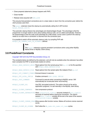Predefined Constants
46
• Close prepared statements (always happens with PHP)
• Close handler
• Release locks acquired with GET_LOCK
This ensures that persistent connections are in a clean state on return from the connection pool, before the
client process uses them.
The mysqli extension does this cleanup by automatically calling the C-API function
mysql_change_user().
The automatic cleanup feature has advantages and disadvantages though. The advantage is that the
programmer no longer needs to worry about adding cleanup code, as it is called automatically. However,
the disadvantage is that the code could potentially be a little slower, as the code to perform the cleanup
needs to run each time a connection is returned from the connection pool.
It is possible to switch off the automatic cleanup code, by compiling PHP with
MYSQLI_NO_CHANGE_USER_ON_PCONNECT defined.
Note
The mysqli extension supports persistent connections when using either MySQL
Native Driver or MySQL Client Library.
3.6 Predefined Constants
Copyright 1997-2014 the PHP Documentation Group. [1]
The constants below are defined by this extension, and will only be available when the extension has either
been compiled into PHP or dynamically loaded at runtime.
MYSQLI_READ_DEFAULT_GROUP Read options from the named group from my.cnf or the file specified
with MYSQLI_READ_DEFAULT_FILE
MYSQLI_READ_DEFAULT_FILE Read options from the named option file instead of from my.cnf
MYSQLI_OPT_CONNECT_TIMEOUTConnect timeout in seconds
MYSQLI_OPT_LOCAL_INFILE Enables command LOAD LOCAL INFILE
MYSQLI_INIT_COMMAND Command to execute when connecting to MySQL server. Will
automatically be re-executed when reconnecting.
MYSQLI_CLIENT_SSL Use SSL (encrypted protocol). This option should not be set by
application programs; it is set internally in the MySQL client library
MYSQLI_CLIENT_COMPRESS Use compression protocol
MYSQLI_CLIENT_INTERACTIVE Allow interactive_timeout seconds (instead of wait_timeout
seconds) of inactivity before closing the connection. The client's
session wait_timeout variable will be set to the value of the session
interactive_timeout variable.
MYSQLI_CLIENT_IGNORE_SPACEAllow spaces after function names. Makes all functions names reserved
words.
MYSQLI_CLIENT_NO_SCHEMA Don't allow the db_name.tbl_name.col_name syntax.
 