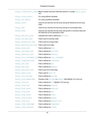 Predefined Constants
47
MYSQLI_CLIENT_MULTI_QUERIESAllows multiple semicolon-delimited queries in a single mysqli_query
call.
MYSQLI_STORE_RESULT For using buffered resultsets
MYSQLI_USE_RESULT For using unbuffered resultsets
MYSQLI_ASSOC Columns are returned into the array having the fieldname as the array
index.
MYSQLI_NUM Columns are returned into the array having an enumerated index.
MYSQLI_BOTH Columns are returned into the array having both a numerical index and
the fieldname as the associative index.
MYSQLI_NOT_NULL_FLAG Indicates that a field is defined as NOT NULL
MYSQLI_PRI_KEY_FLAG Field is part of a primary index
MYSQLI_UNIQUE_KEY_FLAG Field is part of a unique index.
MYSQLI_MULTIPLE_KEY_FLAG Field is part of an index.
MYSQLI_BLOB_FLAG Field is defined as BLOB
MYSQLI_UNSIGNED_FLAG Field is defined as UNSIGNED
MYSQLI_ZEROFILL_FLAG Field is defined as ZEROFILL
MYSQLI_AUTO_INCREMENT_FLAGField is defined as AUTO_INCREMENT
MYSQLI_TIMESTAMP_FLAG Field is defined as TIMESTAMP
MYSQLI_SET_FLAG Field is defined as SET
MYSQLI_NUM_FLAG Field is defined as NUMERIC
MYSQLI_PART_KEY_FLAG Field is part of an multi-index
MYSQLI_GROUP_FLAG Field is part of GROUP BY
MYSQLI_TYPE_DECIMAL Field is defined as DECIMAL
MYSQLI_TYPE_NEWDECIMAL Precision math DECIMAL or NUMERIC field (MySQL 5.0.3 and up)
MYSQLI_TYPE_BIT Field is defined as BIT (MySQL 5.0.3 and up)
MYSQLI_TYPE_TINY Field is defined as TINYINT
MYSQLI_TYPE_SHORT Field is defined as SMALLINT
MYSQLI_TYPE_LONG Field is defined as INT
MYSQLI_TYPE_FLOAT Field is defined as FLOAT
MYSQLI_TYPE_DOUBLE Field is defined as DOUBLE
MYSQLI_TYPE_NULL Field is defined as DEFAULT NULL
MYSQLI_TYPE_TIMESTAMP Field is defined as TIMESTAMP
MYSQLI_TYPE_LONGLONG Field is defined as BIGINT
 