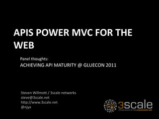 APIs power MVC for the WEb Panel thoughts: Achieving API Maturity @ Gluecon 2011 Steven Willmott / 3scale networks steve@3scale.net http://www.3scale.net @njyx 