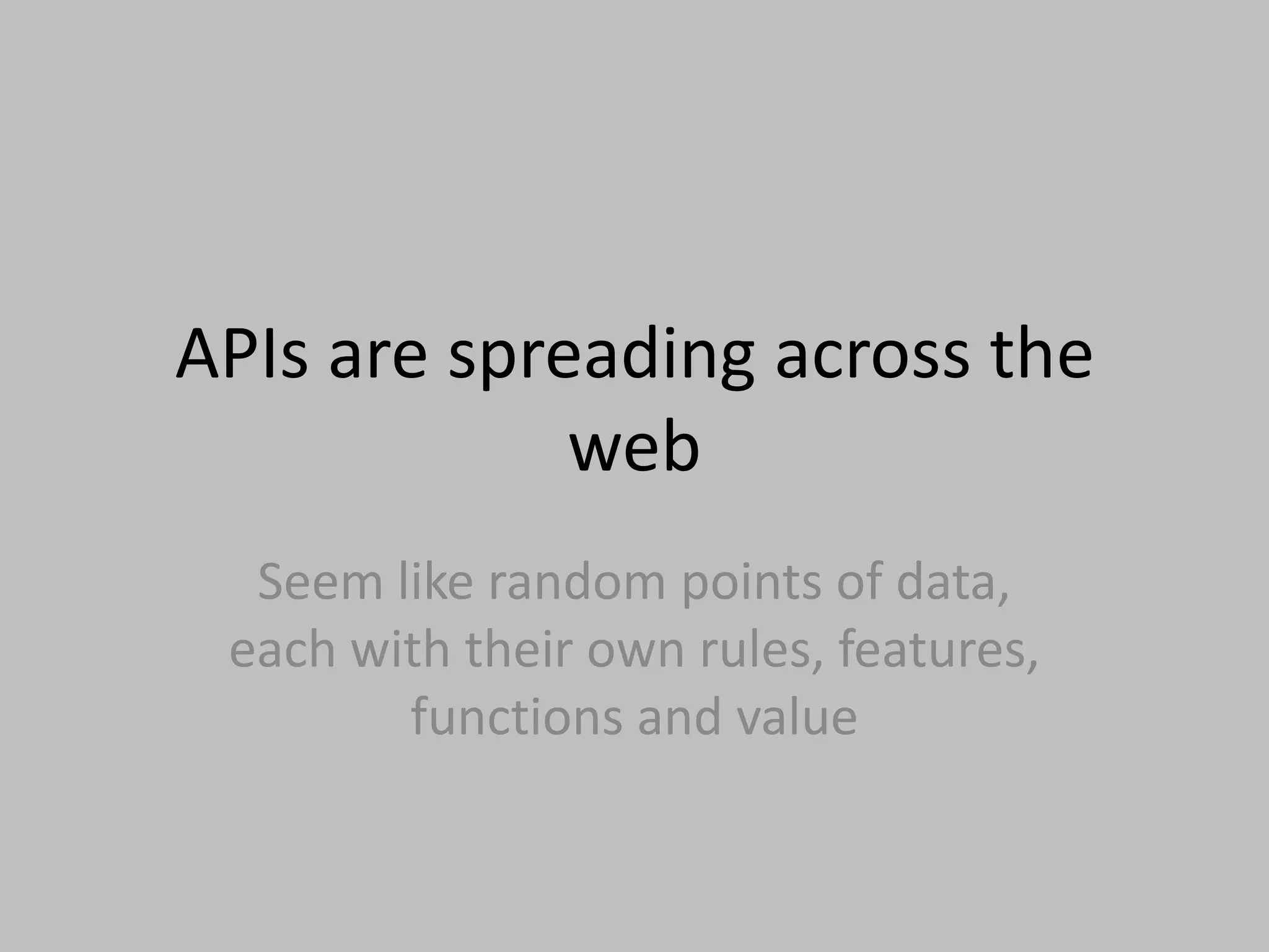 APIs are spreading across the webSeem like random points of data, each with their own rules, features, functions and value 