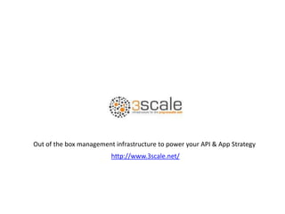 Out of the box management infrastructure to power your API & App Strategy<br />http://www.3scale.net/<br />