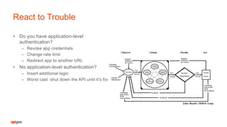 • Do you have application-level
authentication?
– Revoke app credentials
– Change rate limit
– Redirect app to another URL
• No application-level authentication?
– Insert additional logic
– Worst cast: shut down the API until it’s fixed
React to Trouble
 