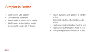 • Well-known URI pattern
• Documented schemas
• Well-known authentication model
• Well-known authorization model
• One way to secure all API calls
Simpler is Better
• Totally dynamic URI pattern is harder
to test
• Specified inputs and outputs can be
tested
• Haphazard authentication hard to test
• Haphazard authorization hard to test
• Multiple implementations hard to test
 