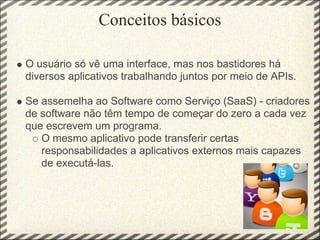 Conceitos básicos

O usuário só vê uma interface, mas nos bastidores há
diversos aplicativos trabalhando juntos por meio de APIs.

Se assemelha ao Software como Serviço (SaaS) - criadores
de software não têm tempo de começar do zero a cada vez
que escrevem um programa.
   O mesmo aplicativo pode transferir certas
   responsabilidades a aplicativos externos mais capazes
   de executá-las.
 