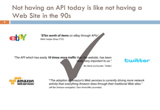 Not having an API today is like not having a Web Site in the 90s “ $7bn worth of items  on eBay through APIs” Mark Carges (Ebay CTO) “ The API which has easily  10 times more traffic  than the website, has been really very important to us.” Biz Stone (co-founder, Twitter) “ The adoption of Amazon's Web services is currently driving more network activity than everything Amazon does through their traditional Web site s.” Jeff Bar (Amazon evangelist) / Dion Hinchcliffe (Journalist) 
