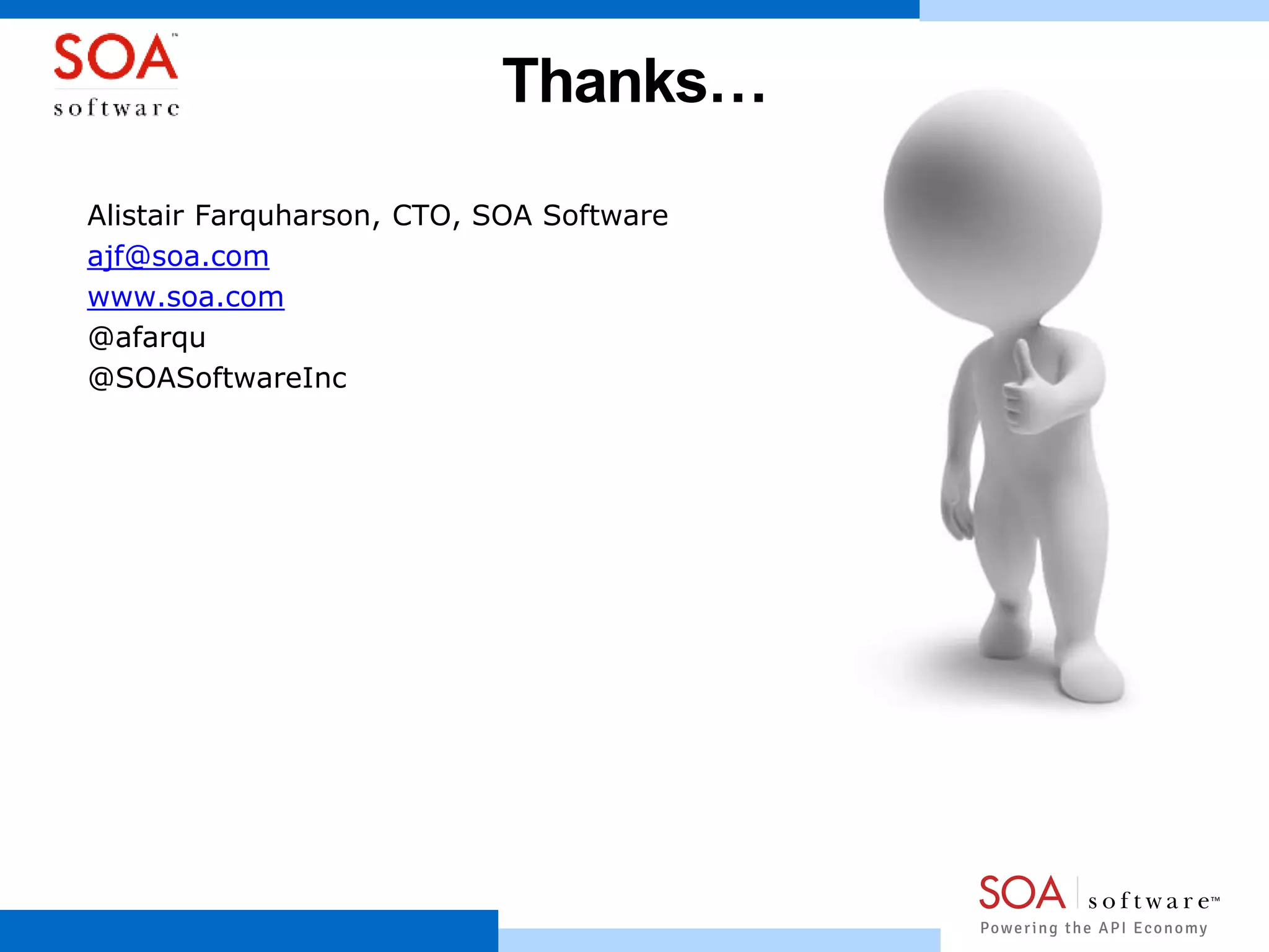Thanks…
Alistair Farquharson, CTO, SOA Software
ajf@soa.com
www.soa.com
@afarqu
@SOASoftwareInc
 