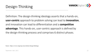 Design-Thinking
Definition: The design-thinking ideology asserts that a hands-on,
user-centric approach to problem solving can lead to innovation,
and innovation can lead to differentiation and a competitive
advantage. This hands-on, user-centric approach is defined by
the design-thinking process and comprises 6 distinct phases.
13
Source: https://www.nngroup.com/articles/design-thinking/
September 26th, 2017
 