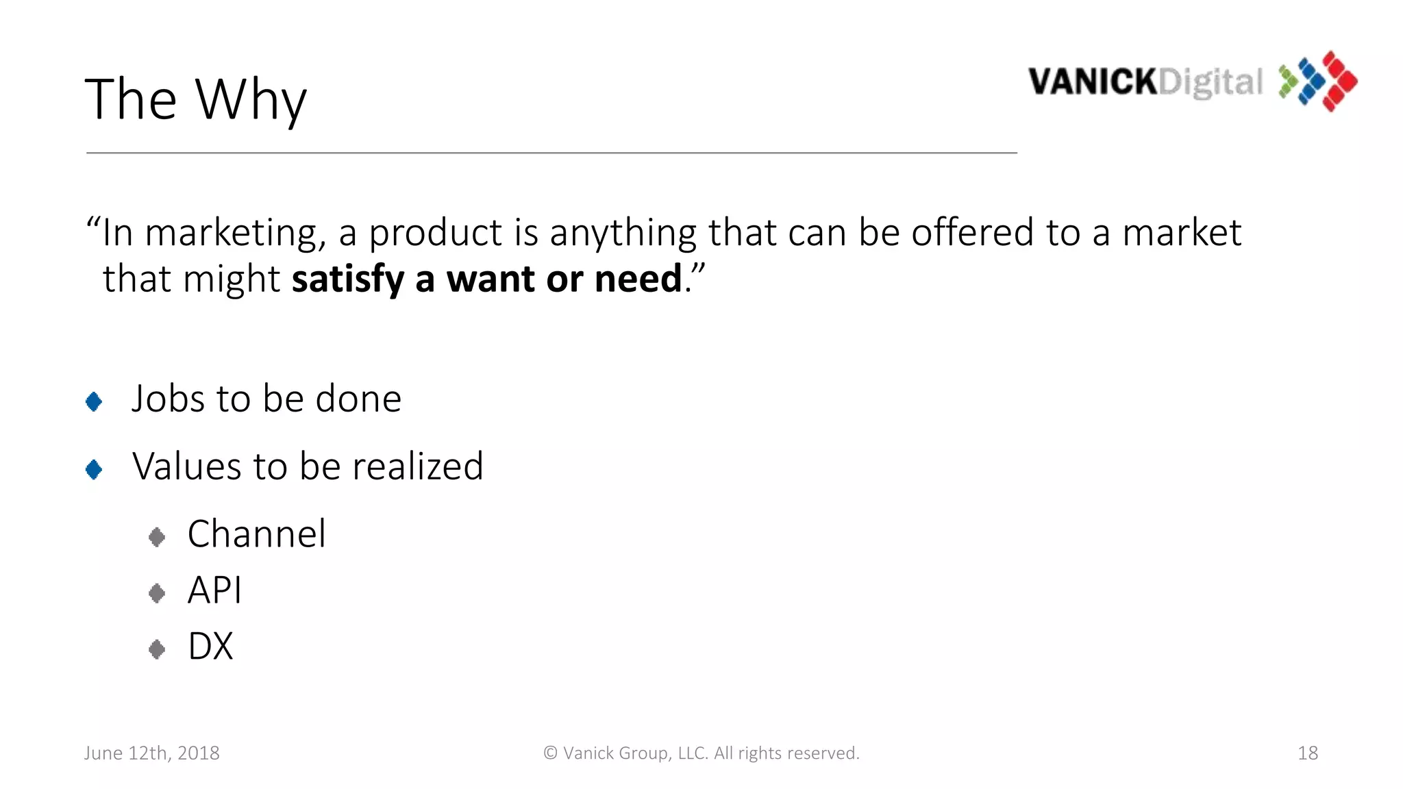 The Why
“In marketing, a product is anything that can be offered to a market
that might satisfy a want or need.”
Jobs to be done
Values to be realized
Channel
API
DX
June 12th, 2018 © Vanick Group, LLC. All rights reserved. 18
 