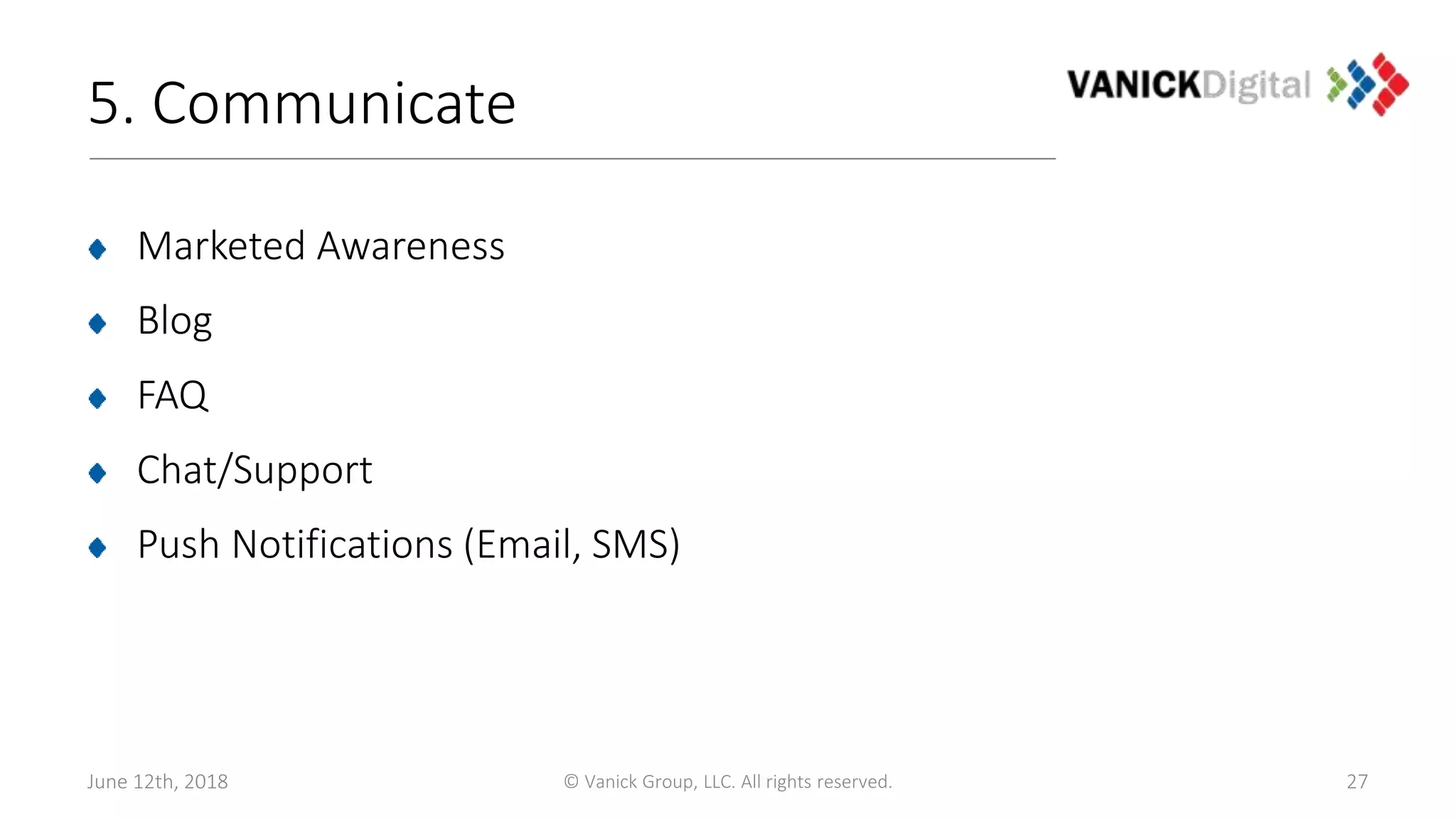 5. Communicate
Marketed Awareness
Blog
FAQ
Chat/Support
Push Notifications (Email, SMS)
June 12th, 2018 © Vanick Group, LLC. All rights reserved. 27
 