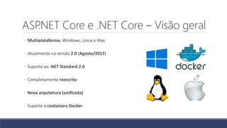 ASP.NET Core e .NET Core – Visão geral
◦ Multiplataforma: Windows, Linux e Mac
◦ Atualmente na versão 2.0 (Agosto/2017)
◦ Suporte ao .NET Standard 2.0
◦ Completamente reescrito
◦ Nova arquitetura (unificada)
◦ Suporte a containers Docker
 
