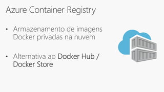 Azure Container Registry
• Armazenamento de imagens
Docker privadas na nuvem
• Alternativa ao Docker Hub /
Docker Store
 