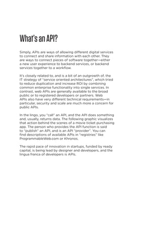 What’s an API?
Simply, APIs are ways of allowing different digital services
to connect and share information with each other. They
are ways to connect pieces of software together—either
a new user experience to backend services, or backend
services together to a workflow.
It’s closely related to, and is a bit of an outgrowth of, the
IT strategy of “service oriented architectures”, which tried
to reduce duplication and increase ROI by combining
common enterprise functionality into single services. In
contrast, web APIs are generally available to the broad
public or to registered developers or partners. Web
APIs also have very different technical requirements—in
particular, security and scale are much more a concern for
public APIs.
In the lingo, you “call” an API, and the API does something
and, usually, returns data. The following graphic visualizes
that action behind the scenes of a movie ticket purchasing
app. The person who provides the API function is said
to “publish” an API, and is an API “provider”. You can
find descriptions of available APIs in “registries” like
ProgrammableWeb.com or Khronos.
The rapid pace of innovation in startups, funded by ready
capital, is being lead by designer and developers, and the
lingua franca of developers is APIs.

4

 