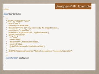 <?php
class UserController
{
/**
* @SWGPost(path="/user",
* tags={"user"},
* summary="Create user",
* description="This can only be done by the logged in user.",
* operationId="createUser",
* produces={"application/xml", "application/json"},
* @SWGParameter(
* in="body",
* name="body",
* description="Created user object",
* required=false,
* @SWGSchema(ref="#/definitions/User")
* ),
* @SWGResponse(response="default", description="successful operation")
* )
*/
public function createUser()
{
}
}
Swagger-PHP: Exemplo
 