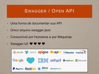 SWAGGER / OPEN API
• Uma forma de documentar sua API
• Único arquivo swagger.json
• Consumível por Humanos e por Máquinas
• Swagger-UI: ❤️ ❤️ ❤️ ❤️
 