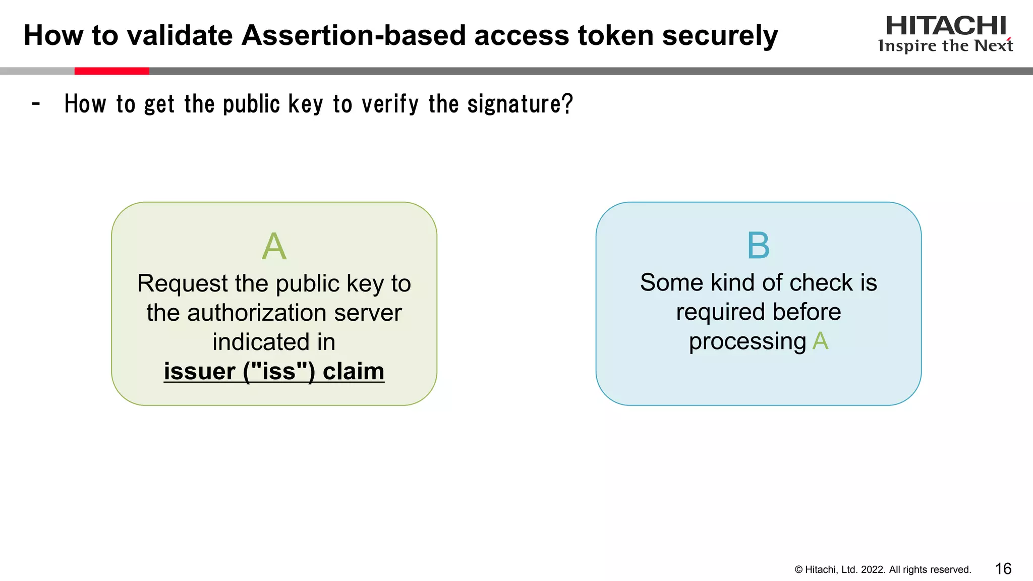 16
© Hitachi, Ltd. 2022. All rights reserved.
How to validate Assertion-based access token securely
- How to get the public key to verify the signature?
A
Request the public key to
the authorization server
indicated in
issuer ("iss") claim
B
Some kind of check is
required before
processing A
 